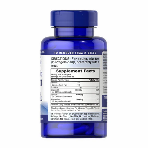 Puritan's Pride, Absorbable Calcium + Magnesium & Vitamin D, 1000 IU, 60 Softgels - Image 2