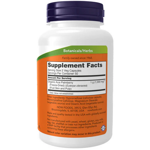 Now Foods, Acai, 500 mg, Organic Freeze-Dried 100 Vcaps - Image 2