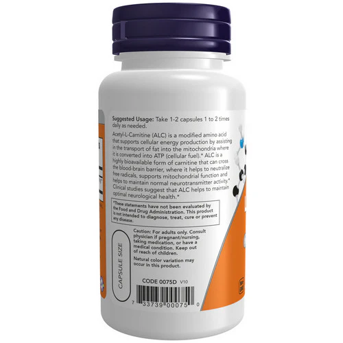 Now Foods, Acetyl-L Carnitine, 500 mg, 50 Caps - Image 3