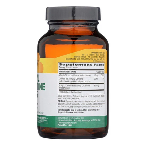 Country Life, Acetyl L-carnitine, 500 mg, 60 Caps - Image 3
