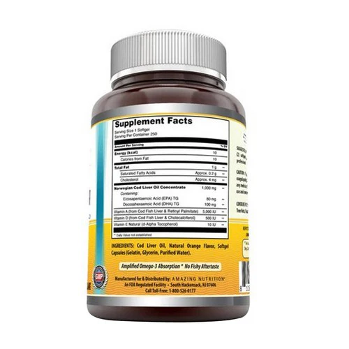 Amazing Nutrition, Amazing Omega Norwegian Cod Liver Oil, 1000 mg, Orange 250 Softgels - Image 2