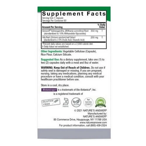 Nature's Answer, Ashwagandha And Holy Basil, 60 Veggie Capsules - Image 2