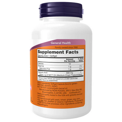 Now Foods, Caprylic Acid, 600 mg, 100 Softgels - Image 2