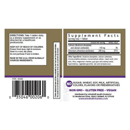 Windmill Health, Chromium Picolinate, 200 Mcg, 60 Tabs - Image 2