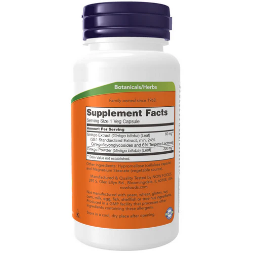 Now Foods, Ginkgo Biloba, 60 mg, 24% Standardized Extract, 60 Caps - Image 2