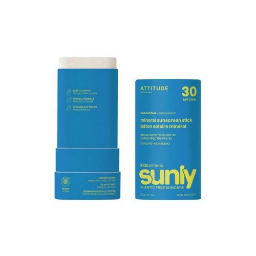 Attitude, Mineral Sunscreen Stick SPF 30 Sunly Plastic-Free Kids Unscented, 2.1 Oz - Image 2