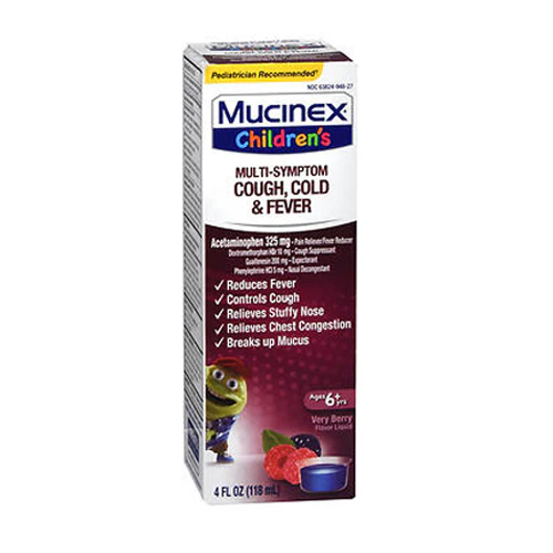 Mucinex, Childrens Multi-Symptom Cold And Fever Liquid, Berry Blast 4 oz