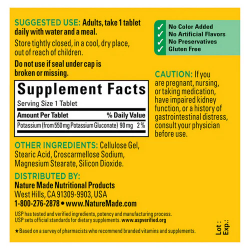 Nature Made, Nature Made Potassium Gluconate, 550 mg, 100 tabs - Image 2