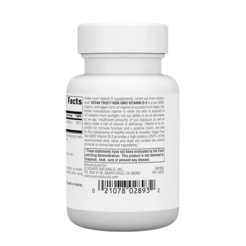 Source Naturals, Vegan True Non-GMO Vitamin D-3, 2,000 IU, 30 VegCaps - Image 3