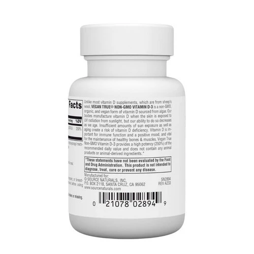 Source Naturals, Vegan True Non-GMO Vitamin D-3, 2,000 IU, 60 VegCaps - Image 3