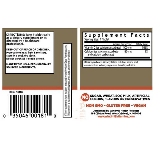 Windmill Health, Vitamin C Non-Acid, 500mg, 60 Tabs - Image 2