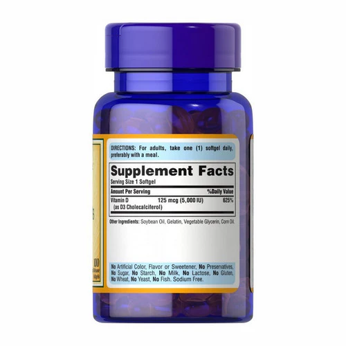 Puritan's Pride, Vitamin D3 125 mcg (5000 IU), 100 Softgels - Image 3
