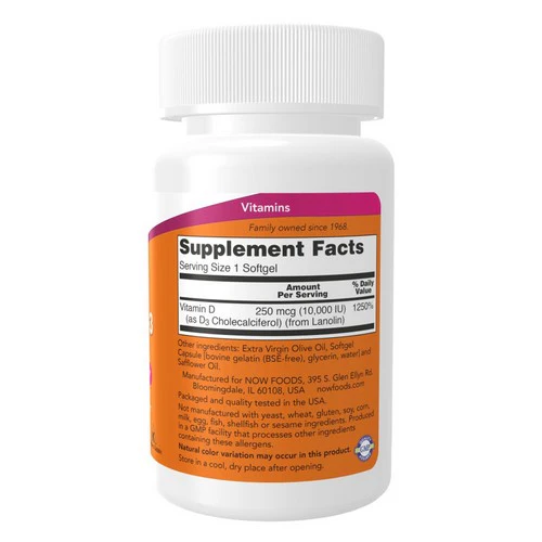 Now Foods, Vitamin D-3, 10,000 IU, 30 Softgels - Image 2