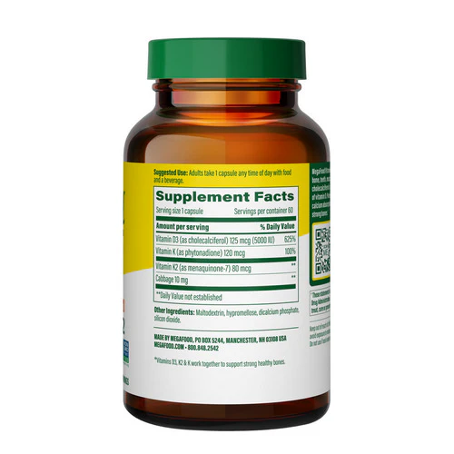 MegaFood, Vitamin D3 with K & K2, 5000 IU 60 Caps - Image 3