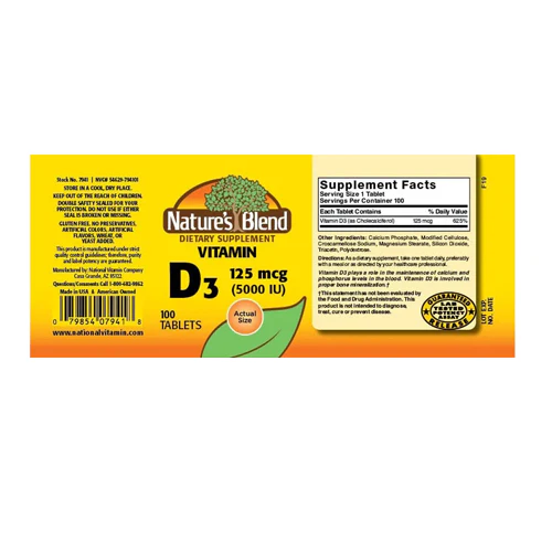 Nature's Blend, Vitamin D3, 125mcg (5000IU), 100 Softgels - Image 2