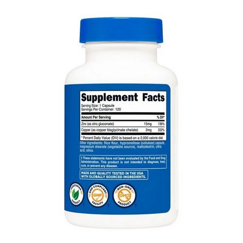 Nutricost, Zinc plus Copper Capsules, 15 Mg, 120 Count - Image 2